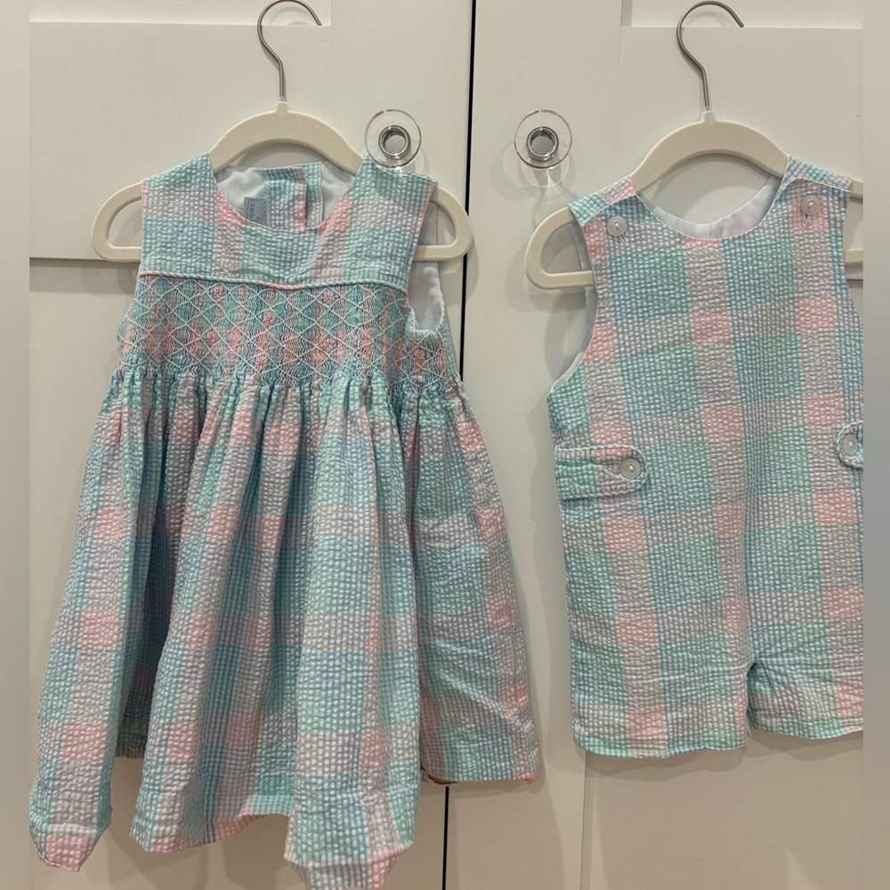 Sibling matching Little English pastel gingham 3T dress and 12m shortalls